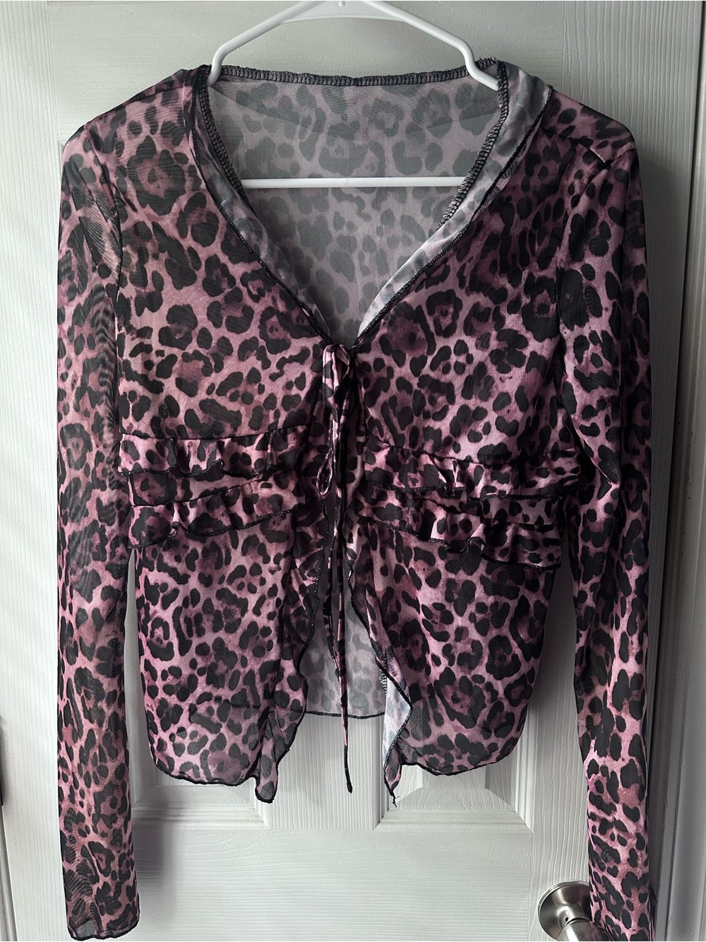 Garage pink hue and Black Sheer Leopard Tie-Front Button Down Top